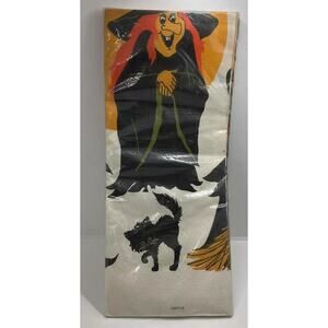 Vintage Halloween Crepe Paper Tablecloth Black Cat Moon Witch Broom Banner